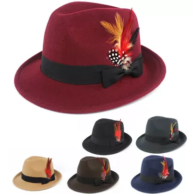 Men Women Vintage Imitation Wool Bowler Hat Feather Top Hats Trilby Fedora Cap • $8.79