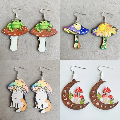 $4.40 • Buy Vintage Mushroom Earrings Hoop Stud Dangle Drop Wood Charm Women Jewelry Gifts