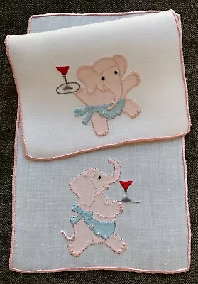 Vintage Cocktail Napkins Pink Elephant With Cocktail Madeira Embroidered Set/8 • $250