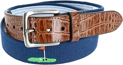 Greg Norman Men's Webbing Belt With Croco Print Leather Tabs - Navy • $20.97