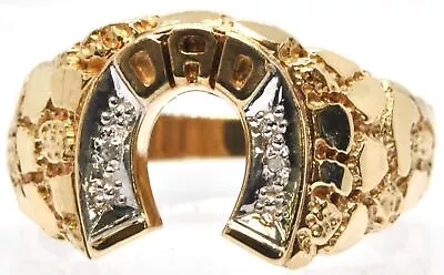 Men's 10k Yellow & White Gold DAD Horseshoe Luck Nugget Father Estate Ring • $249.99