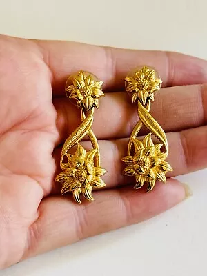 VTG Monet Earrings Signed Sun Flower Gold Tone Pierced Dangle Statement Rare Fun • $25