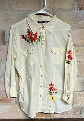 Krazy Kat Vtg Western Style Embroidered Pearl Snap Button Front Shirt Yellow • $11.75