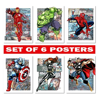 Set Of 6 Marvel Superheroes Posters - Avengers Character Colorful Wall Art Decor • £79.99