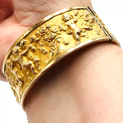 Antique Solid 9K Yellow Cherub Gold Repousse Hinged Bangle Bracelet 38 Grams • $2749.99