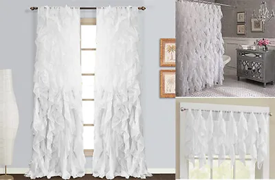 $11.99 • Buy White Cascade Sheer Vertical Ruffled Curtain Panel, Shower Curtain , Valance 