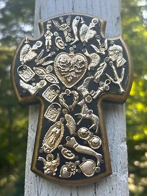 Painted Wood Cross Milagros Mexico Handmade 5.5x4 Perpetuo Socorro Heart M36 • $24.90