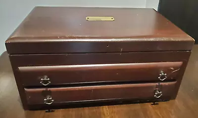 Vintage Reed & Barton Jewelry Box; Mahogany Wood/Burgundy Velvet; Brass Hardware • $60