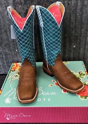 Macie Bean Pecan Barking Iron W/13 Turq Barcelona Cowgirl Wide SqrToeBoot M9159  • $194.99