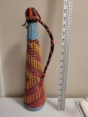 Vintage 50's 60's ? Bohemian Wine Decanter Plastic Wicker Wrapped Bottle SPAIN • $29.99