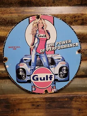 Vintage Gulf Porcelain Sign Race Car Motor Oil Gas Station Service Pump Plate • $197.86