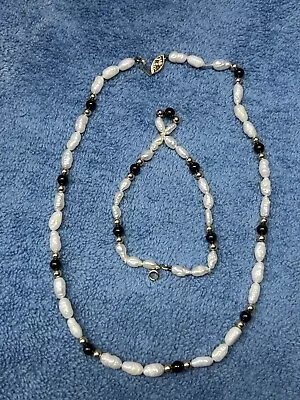 Vintage Genuine Black Onyx  Pearl & 14k Gold Bead Necklace With Bracelet Estate • $15