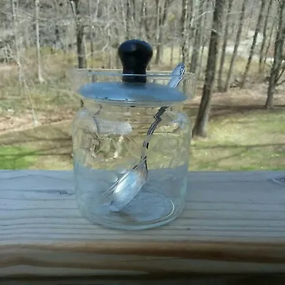 Vintage Etched Glass Jam Jelly Jar & Silver-plate  Spoon • $4.99