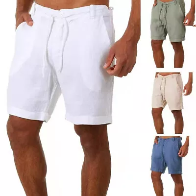 Mens Cotton Linen Shorts Summer Beach Casual Drawstring Chino Loose Short Pants • $11.19