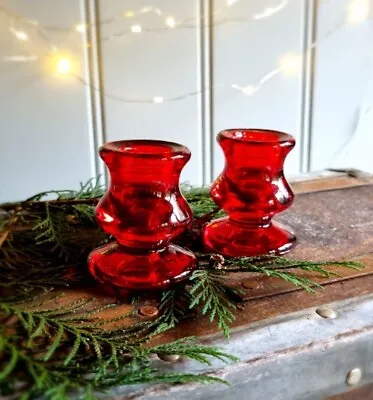 £7.99 • Buy Gisela Graham Christmas Set Of 2 Short Glass Red Candlesticks 6cm