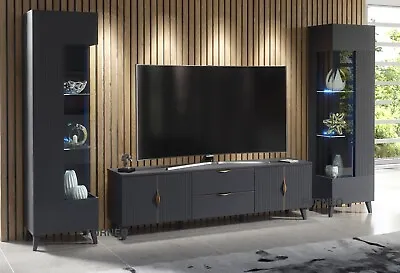 TV Unit Grey Living Room Set Stand Display Cabinets Cupboards LED Lights Azzurro • £229.90