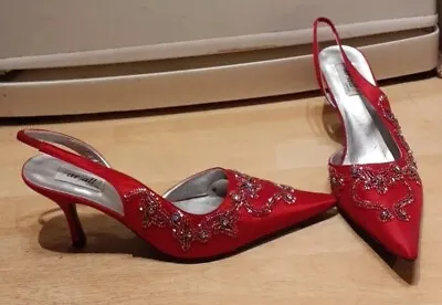 Ladies FARFALLA Red Silk & Multi Coloured Bead Patterned Slingback Shoes - EU 41 • £25