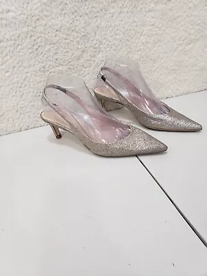 Zara Sandals Women 38 Silver Glitter Leather Slingback Stiletto Pump Shoes US 7 • $19.99