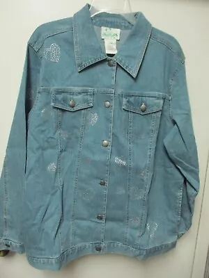 Quaker Factory QVC Jean Jacket L Rhinestone Hearts Stretch Blue Denim Valentines • $36