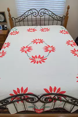 VINTAGE Holiday Poinsettia Applique Antique QUILT 98  X 78  • $270