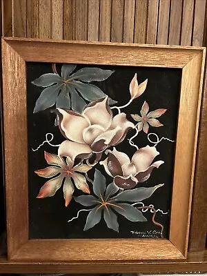 Vintage 50’s Frank Y Oda Wood Rose Flower Painting On Velvet Signed And Framed • $75