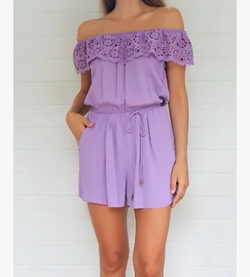 TIGERLILY Size 10 Purple Off Shoulder Broderie Anglaise Elastic Waist Playsuit • $45