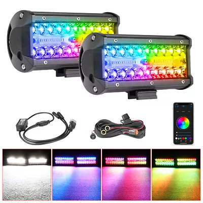 $78.99 • Buy Wiring 7  LED Work Light Bar RGB Halo Ring Chasing Bluetooth Strobe Driving 4x4