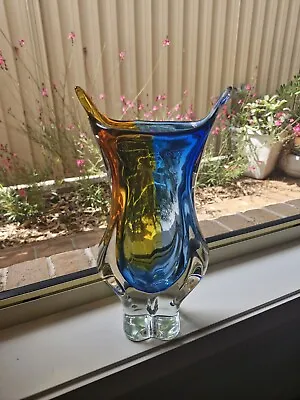 Large Vintage Murano Glass Vase Blue Amber & Yellow Cased In Clear 3.35 Kilos • $230