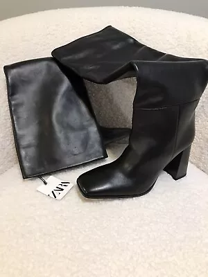 $65 • Buy ZARA LEATHER BLOCK HEEL KNEE-HIGH BOOTS BLACK NEW With Tag Size EU 37/ US 6