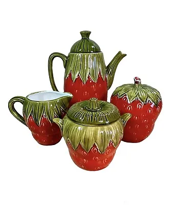 Vtg Tilso Red Strawberry Teapot Cream & Sugar Large Shaker 4 Pc Set Hand Painted • $45