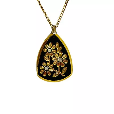Vintage Necklace Pendant Intaglio Black Gold Floral Clear Austrian Crystal Gems • $35