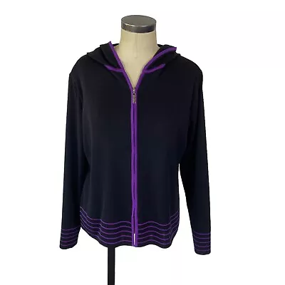 Exclusively Misook Hooded Zip Front Cardigan Sweater Jacket Medium Black Purple • $40