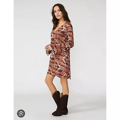 Stetson L Bell Sleeve Dress Aztec Navajo Western Rayon Brown Southwestern Ranch • $27.99