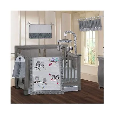BabyFad Owl Grey White Nursery 9 Piece Baby Crib Bedding Set 100% Cotton • $143.80