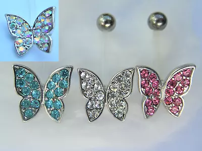 £4.65 • Buy Butterfly Crystal Belly Bar Steel Or Bioflex 6mm 8mm 10mm 12mm 14mm16mm 20mm ++