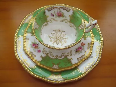 Coalport Batwing Tea Cup Saucer + Side Plate Trio Green & Gilt (Cup Has Repair) • £19.99