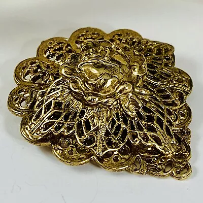 Vintage Rose Floral Gold Tone Filigree Pocket Brooch Estate Pin • $17.99