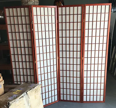 4 Panel Shoji Screen Room Divider 6ft Freestanding Privacy Brown Wood White • $53.99