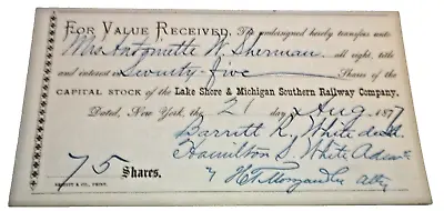 August 1877 Lake Shore & Michigan Southern Railway Nyc Capital Stock Receipt • $50