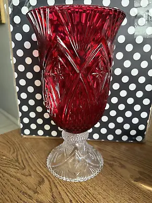 Vintage Large 10.5 X 5.5  Red & White Glass Hurricane Lamp Candle Holder Stars • $50.99