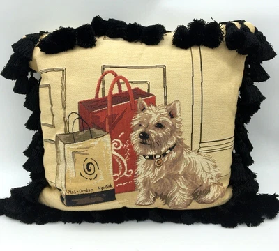 $33.96 • Buy Borgata Decorator Pillow Black Fringe Tapestry Tan And Red Terrier Dog