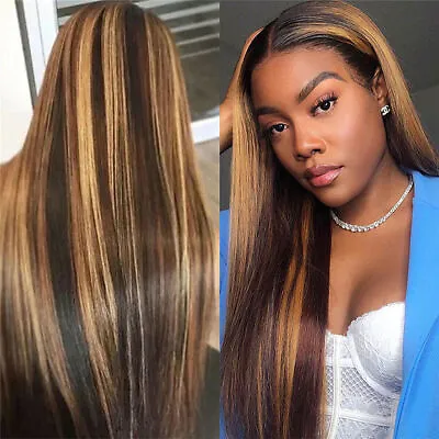 Highlight Wig Brazilian Straight Human Hair Full Wigs Ombre Brown Honey Blonde • $14.99