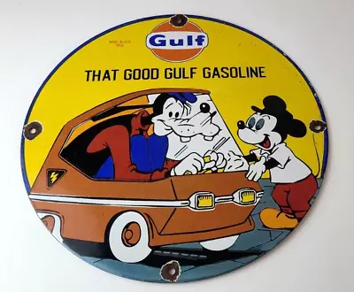 Vintage Gulf Gasoline Sign - Walt Disney Porcelain Sign - Gas Pump Station Sign • $145.47