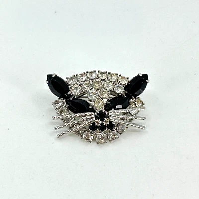 $14.95 • Buy VTG Brooch Cat Rhinestone Black Silver Tone 1  Estate Costume Jewelry