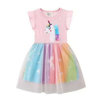 Kids Girls Cute Rainbow Unicorn Summer Tulle Dress T-shirt Dresses Age 3-8 Years • £7.78