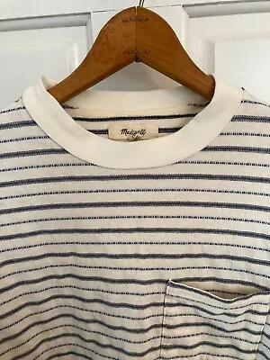 Madewell Jacquard Stripe Pocket Tee Long Sleeve Boxy Cropped White Blue Xs • $12