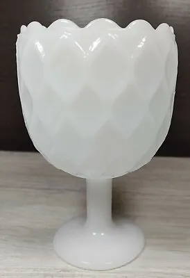 Vintage White Milk Glass Compote Pedestal Quilted Scalloped Edge Footed Goblet • $7.49
