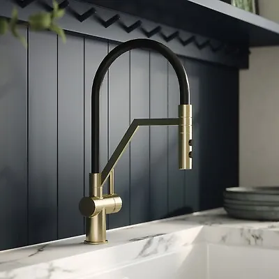 Nuie Ravi Mono Single Lever Brushed Brass Kitchen Tap & Rinser Round Modern Gold • £89.95