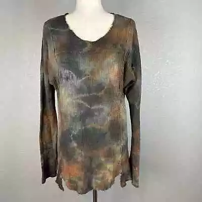 T Party Womens Thermal Waffle Knit Tunic Top L Large Gray Brown Geode Tie Dye • $24.59