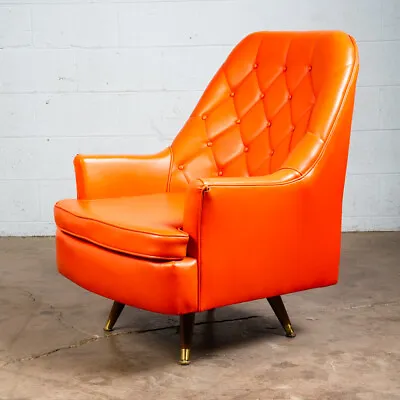 Mid Century Danish Modern Lounge Chair Tufted Orange Swivel Wood Base Vintage • $849.13